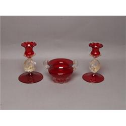 Pair of Murano Glass Candelsticks & Bowl