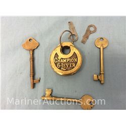 Antique Solid Brass Padlock with 3 Brass Skeleton Keys