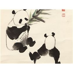 Wu Zuoren, Pandas in a Bamboo Grove, Scroll Painting, 1959
