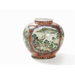 Very Large Kutani Vase with Polychrome Landscape Scene, Meiji