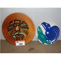 BLANKET, BOLO TIES, ARTWORK, AND NATIVE WOODEN AND PORCELAIN PLATE