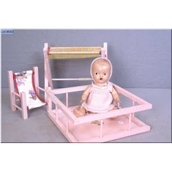 11" baby Wettums painted eye composition doll, with playpen, change table and high chair. Auction es