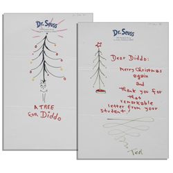 Rare Original Dr. Seuss ''Grinch'' Drawings Signed -- Festive Christmas Greetings