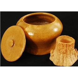 Meyer Pottery Sugar Bowl & Tree Stump Match Holder