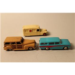 LOT OF 3 DINKY WAGONS INCL. NO. 173 NASH RAMBLER, NO. 344 "WOODY" AND NO. 253 AMBULANCE