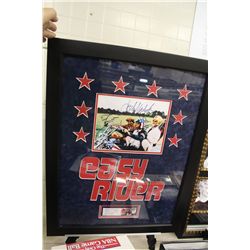 EASY RIDER CUSTOM FRAMED COLOUR PHOTO WITH SIGNATURES OF: PETER FONDA, WYATT DENNIS HOPPER, BILLY