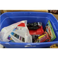 BIN OF TOYS: 2 BOXES OF SPACE 1999 TRADING CARDS, HAND HELD VIDEO GAMES, SIX MILLION DOLLAR MAN AND