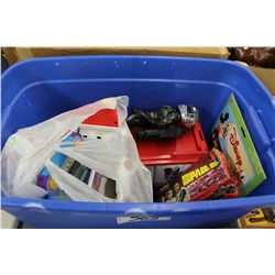 BIN OF TOYS: 2 BOXES OF SPACE 1999 TRADING CARDS, HAND HELD VIDEO GAMES, SIX MILLION DOLLAR MAN AND