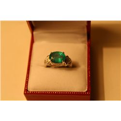 LADIES 14KT WHITE GOLD NATURAL EMERALD AND DIAMOND SET DRESS RING SET WITH 14 ROUND BRILLIANT AND