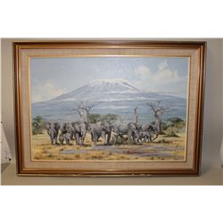 YVAN DUSHMANITCH,  ELEPHANTS AT MT. KILAMANJARO  OIL ON CANVAS, SIGNED LOWER LEFT 36  X 24 