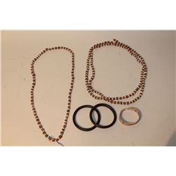 2 OSTRICH SHELL BUSHMAN NECKLACES AND 3 BRACELETS