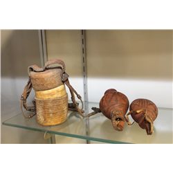 TRAVELLING WAHIMBA BONE, LEATHER AND WOOD POUCH FEATURING METAL BEADS PLUS 2 WAHIMBA SNUFF CARRIERS