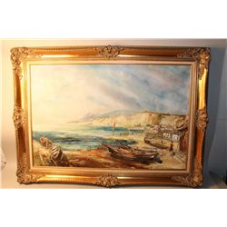 H. SPEIER, OIL ON CANVAS, "UNTITLED- BOATS IN THE BAY" SIGNED LOWER LEFT 23" X 35"