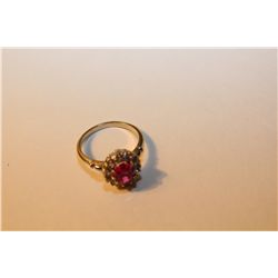 LADIES 10KT WHITE GOLD SYNTHETIC RUBY & COLOURLESS SYNTHETIC SAPPHIRE DRESS RING.  SET WITH 10