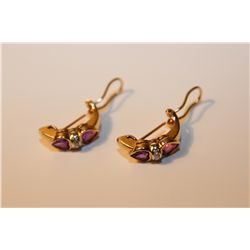 PAIR OF 14KT YELLOW GOLD NATURAL AMETHYST AND DIAMOND SET EARRINGS.  SET WITH A TOTAL OF 4 HEART