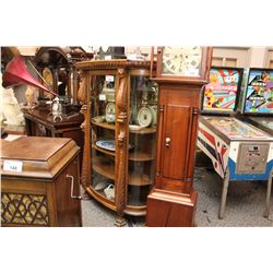 SPECTACULAR TRIPLE CURVE, QUARTER SAWN OAK DISPLAY CABINET WITH CARVED FRONT AND CLAW FEET