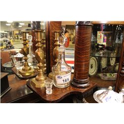 PAIR OF BRASS CANDLE STICKS AND DECANTER