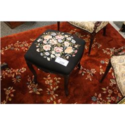 CARVED FOOT STOOL WITH NEEDLEPOINT SEAT