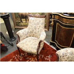 CARVED AND UPHOLSTERED OPEN ARM CHAIR