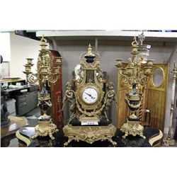 HIGHLY DECORATIVE, MARBLE AND GUILDED, 3 PIECE ITALIAN CLOCK SET WITH CHERUBS AND PORCELAIN DIAL