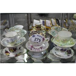 SHELF LOT OF 17 BONE CHINA CUPS AND SAUCERS