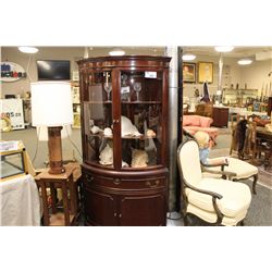 MAHOGANY CURVED GLASS CORNER CHINA CABINET