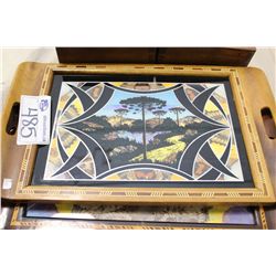 3 INLAID TRAYS, 2 WITH BUTTERFLY WING MOTIFS