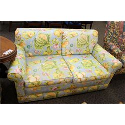 YELLOW AND BLUE CUSTOM UPHOLSTERED LOVE SEAT BY SMALL AND BOIS