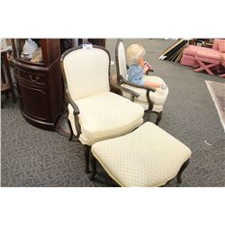 FRENCH FAUXBOIS LOUNGE CHAIR FROM WILLIAM SWITZER WITH WOODEN ARM RESTS AND MATCHING OTTOMAN