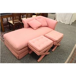 PINK CUSTOM UPHOLSTERED CHAISE LOUNGE WITH 2 MATCHING CUSHIONS AND 2 MATCHING CROSS LEGGED L