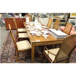 ONE HENRY DON DINING ROOM TABLE WITH ADDITIONAL LEAVES, PROTECTIVE PADS AND 8 CANE BACKED CHAIRS