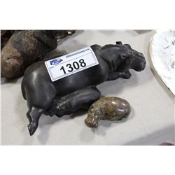 CARVED WOODEN HIPPOS AND CARVED SMALL HIPPO