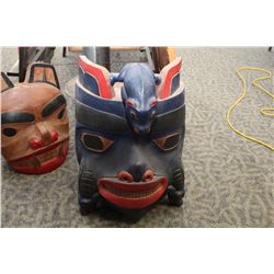 LARGE DECORATIVE NATIVE WOODEN MASK, BLUE FACE WITH FROG