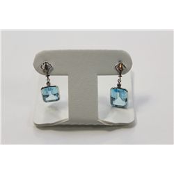 PAIR OF 14KT WHITE GOLD NATURAL BLUE TOPAZ AND DIAMOND SET EARRINGS BEZEL SET WITH 2 STEP CUT