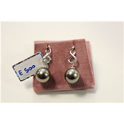 PAIR OF STERLING SILVER BLACK TAHITIAN CULTURED PEARL & COLOURLESS CUBIC ZIRCONIA DANGLING