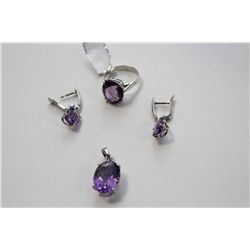 STERLING SILVER NATURAL AMETHYST SET OF LADIES RING, PENDANT, AND A PAIR OF EARRINGS .  RING IS SET