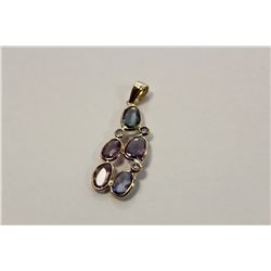 14 KT YELLOW GOLD NATURAL PURPLE - PINK AND PALE BLUE  AND GREEN SAPPHIRE AND DIAMOND PENDANT.  SET