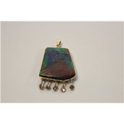 ONE 14KT YELLOW GOLD NATURAL AMMOLITE AND DIAMOND SET PENDANT BEZEL SET WITH 1 CUSHION SHAPED