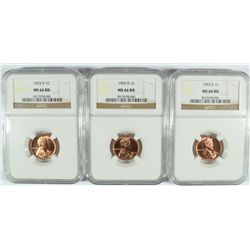 ( 3 ) 1953-D LINCOLN CENTS, NGC MS-66 RED GEMS!