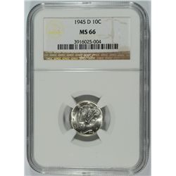1945-D MERCURY DIME, NGC MS-66 BLAST WHITE!