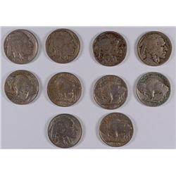 10 DIFFERENT BUFFALO NICKELS (13-I,13-II,14,15,15-D,16,16-D,16-S,17,17--D) VG-XF
