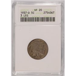 1937-D (3-LEGGED) BUFFALO NICKEL ANACS VF-20