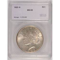 1922-S PEACE SILVER DOLLAR, SEGS MS-63 NICE!