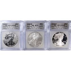 2006 AMERICAN SILVER EAGLE 20th ANNIVERSARY 3 COIN SET, ALL ICG PROOF-70 DCAM