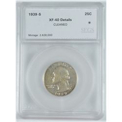 1939-S WASHINGTON QUARTER, SEGS XF-40 CLEANED