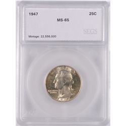 1947 WASHINGTON QUARTER, SEGS MS-65 GEM