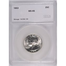 1953 WASHINGTON QUARTER, SEGS MS-65  GEM!