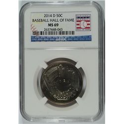 2014 U.S. MINT BASEBALL HALL OF FAME COMMEM. HALF DOLLAR, NGC MS-69!