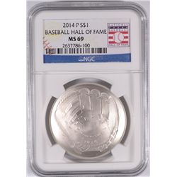 2014 BASEBALL HALL OF FAME SILVER DOLLAR, NGC MS-69!  WOW!!