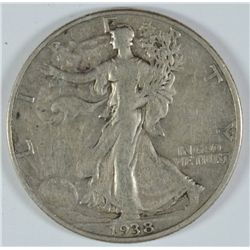 1938-D WALKING LIBERTY HALF DOLLAR, VF-30